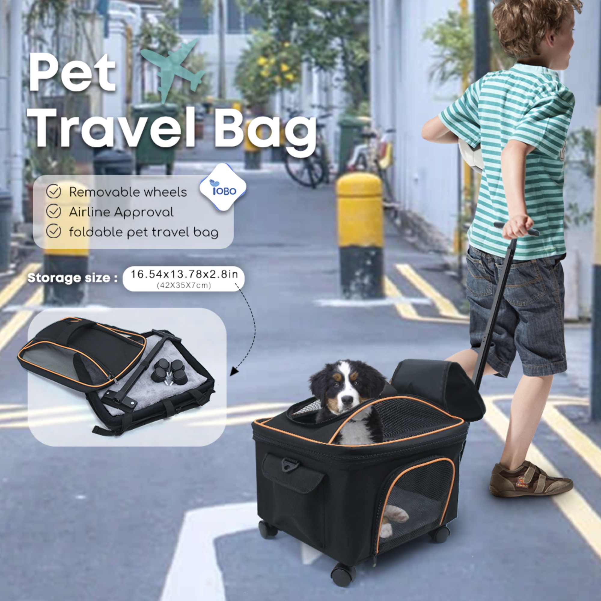 Detachable Rod Foldable car Storage Pocket pet cat Dog Travel Carrier with Detachable Trolley&Upgraded Wheels