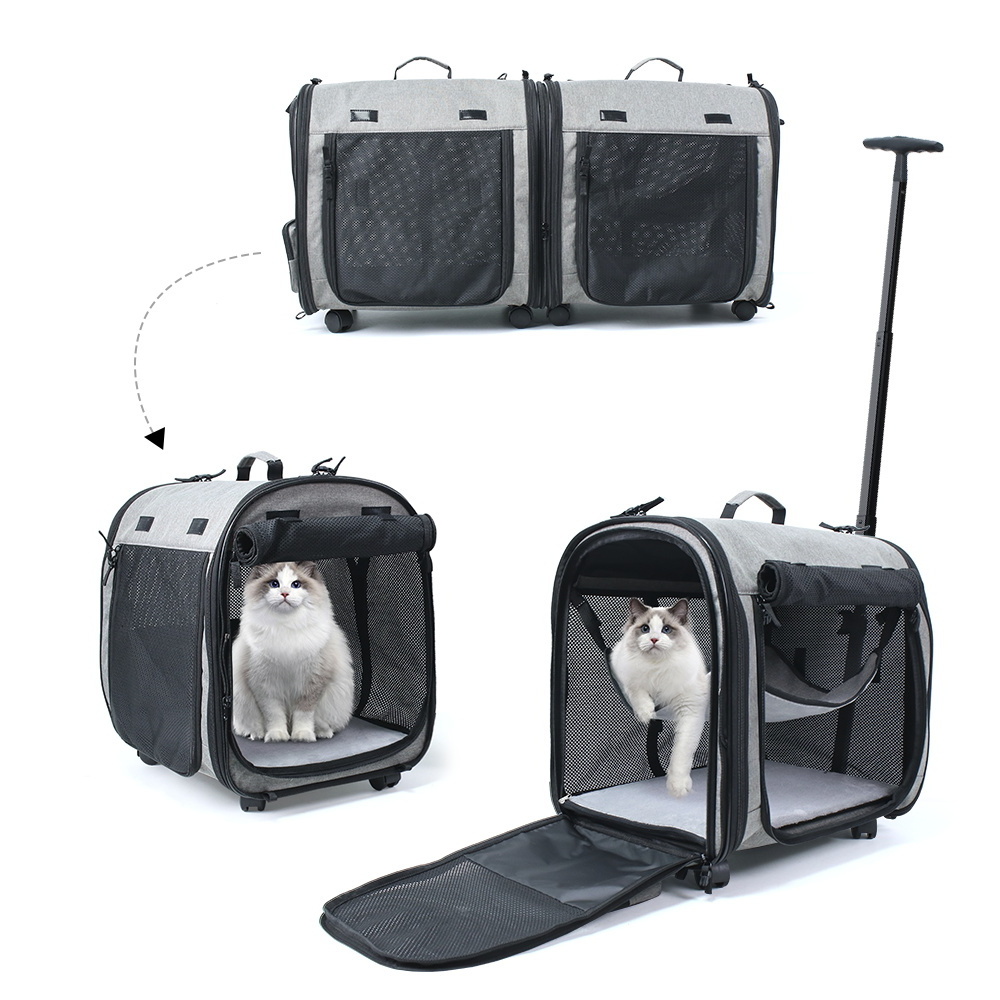 Double 2 dog Cats Super Ventilated Design Compartment Pet Carrier Rolling Carrier With Detachable Wheels