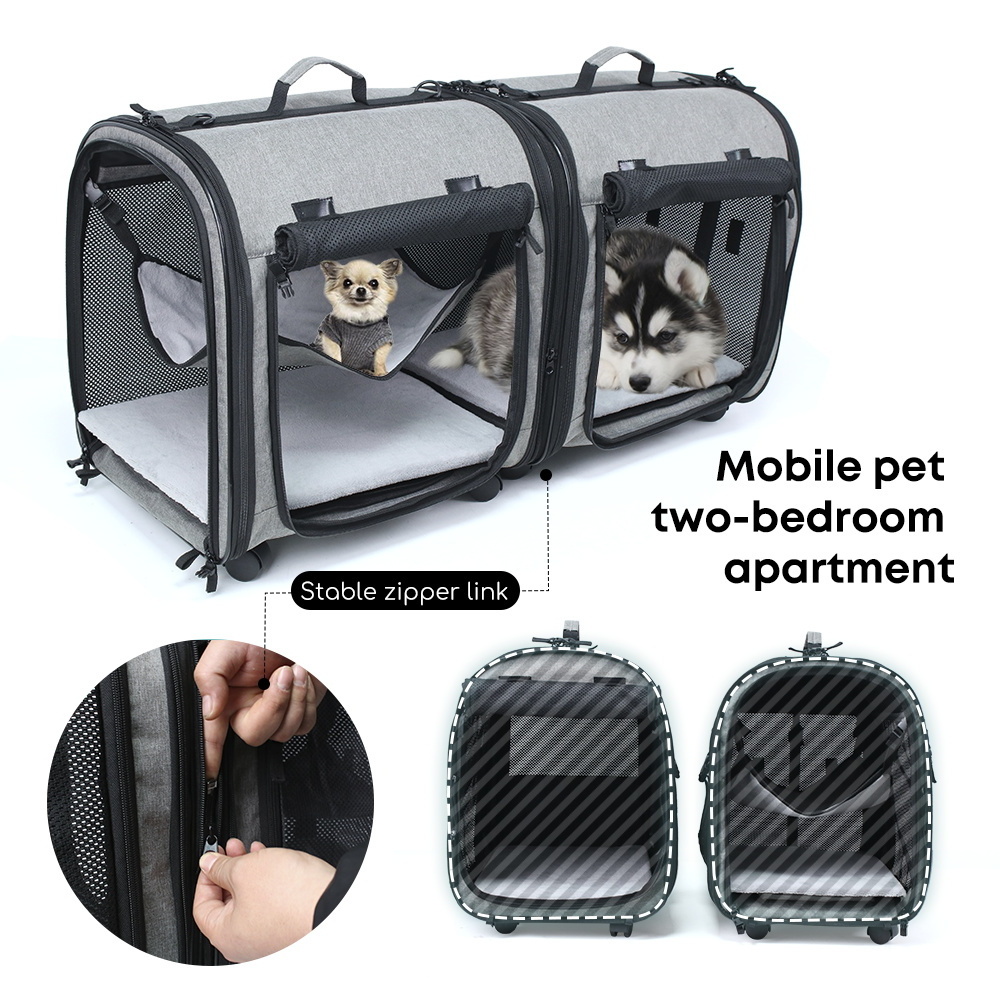 Double 2 dog Cats Super Ventilated Design Compartment Pet Carrier Rolling Carrier With Detachable Wheels