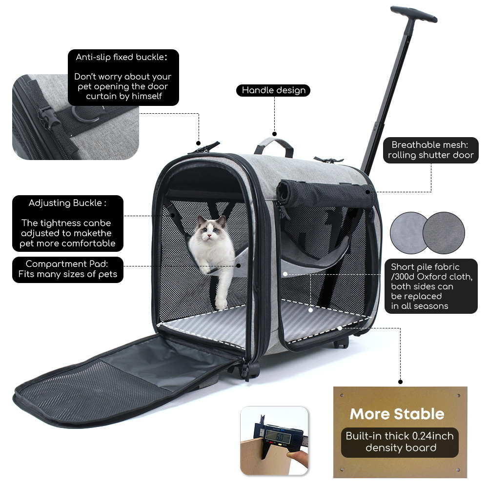 Double 2 dog Cats Super Ventilated Design Compartment Pet Carrier Rolling Carrier With Detachable Wheels