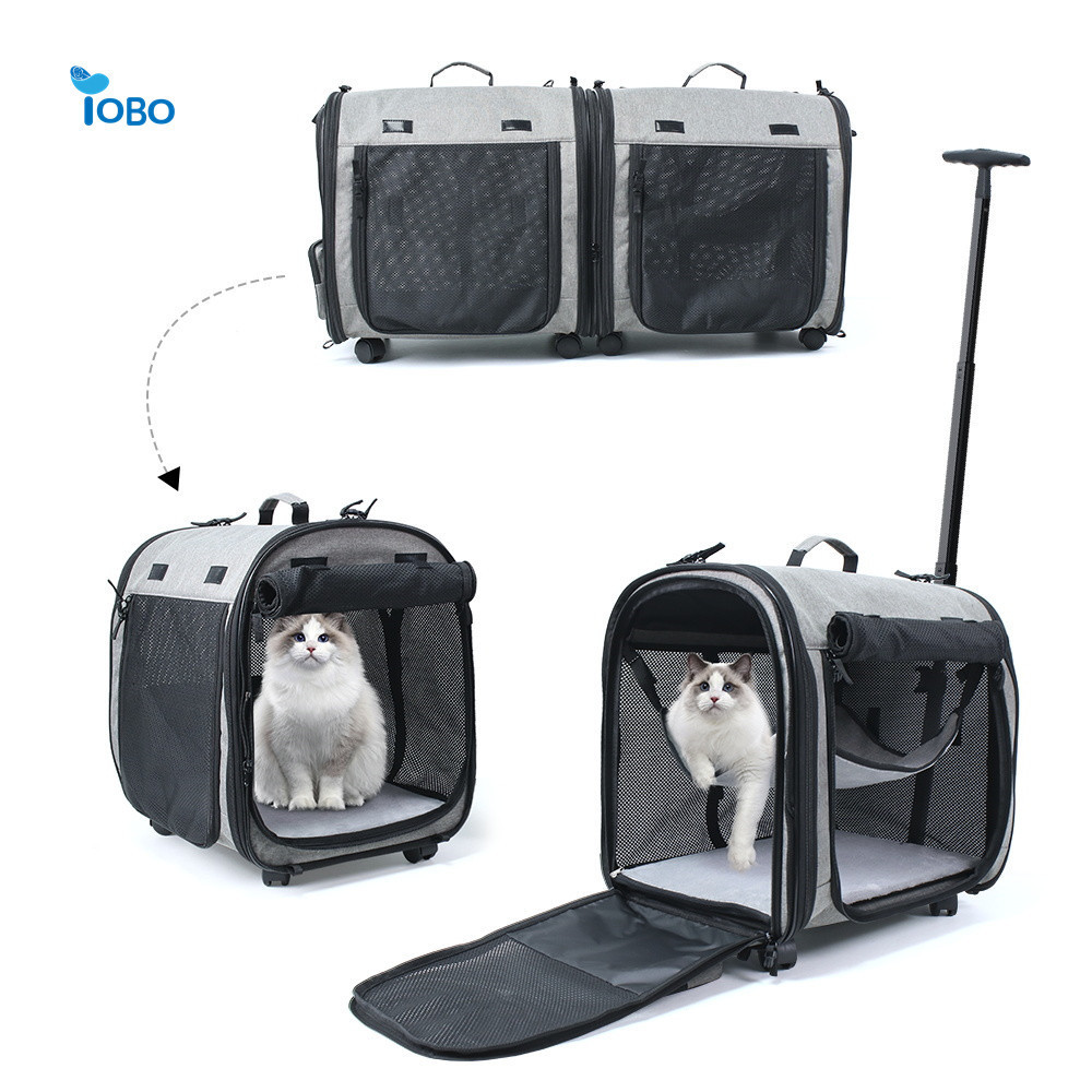 Oxford double luxury pet cat dog removable wheels transport walking bag backpack carrier for dog