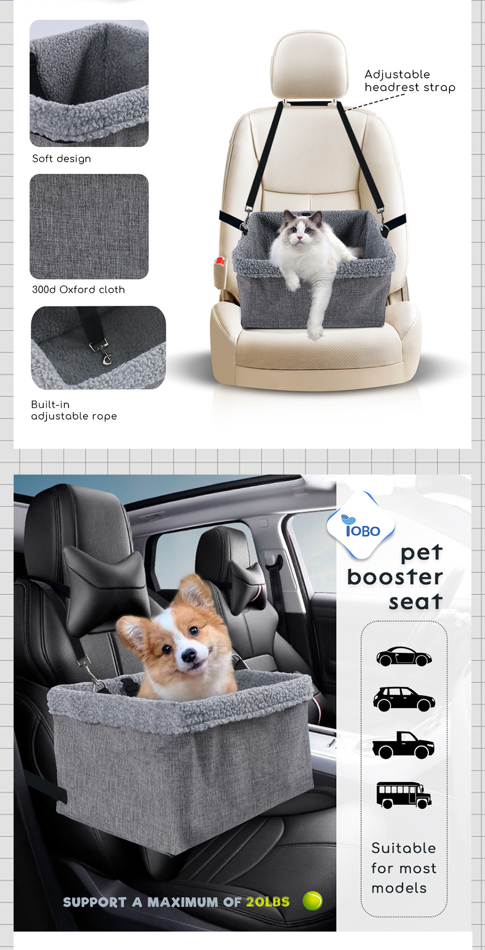 Cat Dog Travel Bag Carrier Armrest Puppy Safety Booster Seat Elevated Dog Car Seat Pet Console Booster Seat