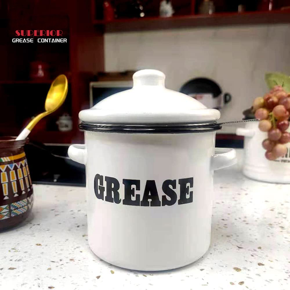 Enamel Bacon Grease container with With Strainer Cooking  Stainless Steel Filter Oil w/lid&Handle Barcone Fat Storage Contain