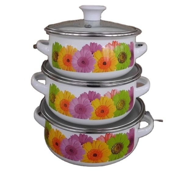 Enamel Cookware Sets 6pcs Peltre Sweet Cottage Enamel mini pot in Glass Cover Ollas Stock Soup Healthy Cookware Set 3Pcs