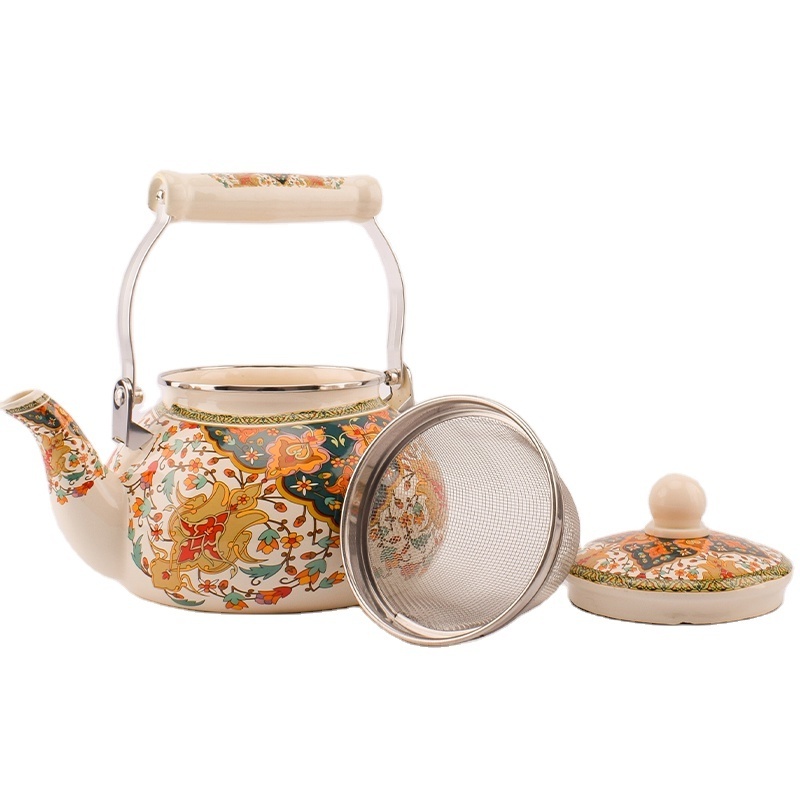 High quality Enamel teapot Arabic style 2L Enamel kettle with stainless steel strainer