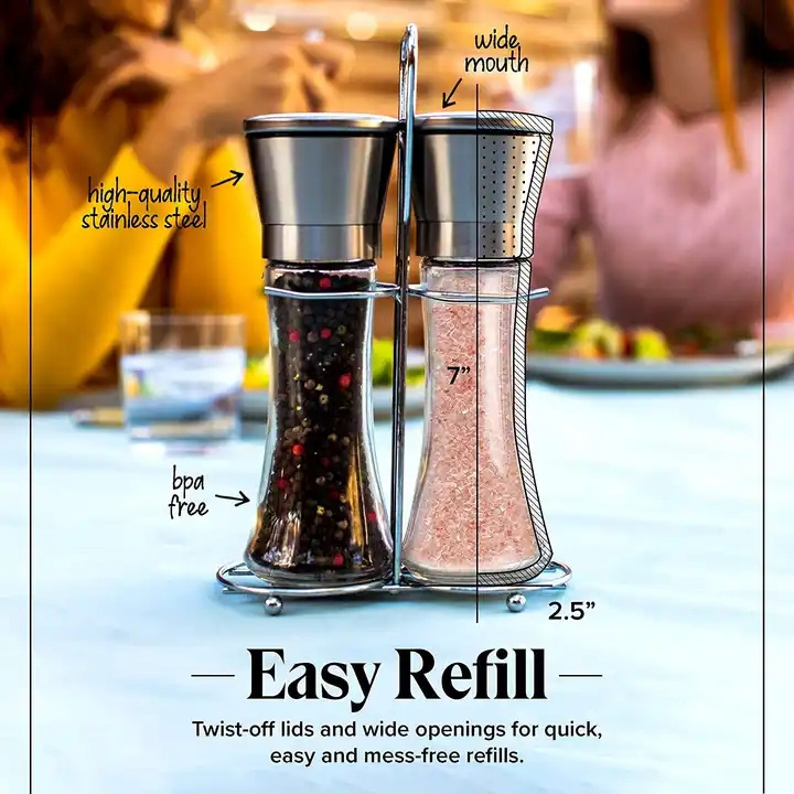 Salt and Pepper Grinder Set Stainless Steel Refillable Salt &Peppercorn Shakers With Metal Stand