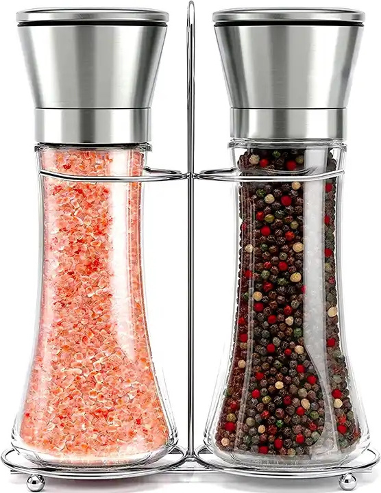 Salt and Pepper Grinder Set Stainless Steel Refillable Salt &Peppercorn Shakers With Metal Stand