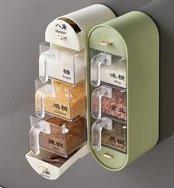 Punch-free Kitchen Seasoning Box Household Wall Mounted Condiment Box Kitchen Plastic Drawer Type Seasoning Salt Box