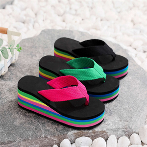 Women Summer Rainbow Thick Soled Sandals Colorful High Heels Outside Casual Beach Flip Flops