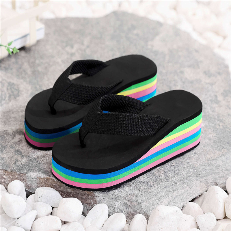 Women Summer Rainbow Thick Soled Sandals Colorful High Heels Outside Casual Beach Flip Flops