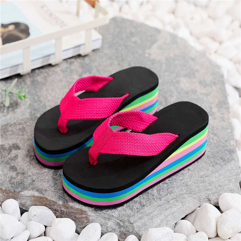 Women Summer Rainbow Thick Soled Sandals Colorful High Heels Outside Casual Beach Flip Flops