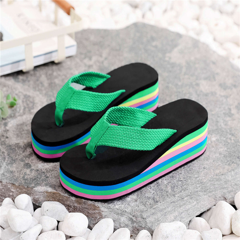 Women Summer Rainbow Thick Soled Sandals Colorful High Heels Outside Casual Beach Flip Flops