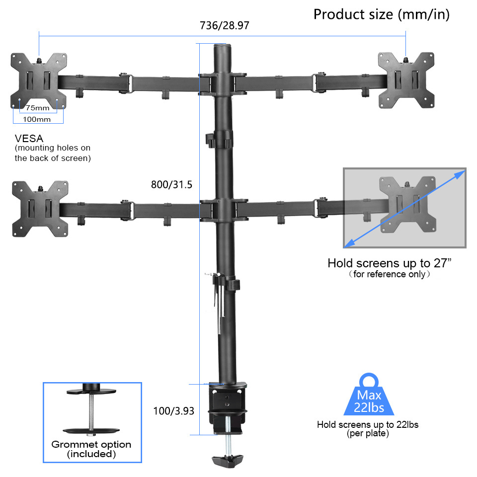 LED LCD Monitor arm Stand up Desk Mount Extra Tall 31.5 inch Pole Heavy Duty Fully Adjustable Stand for 4 / Four Screens