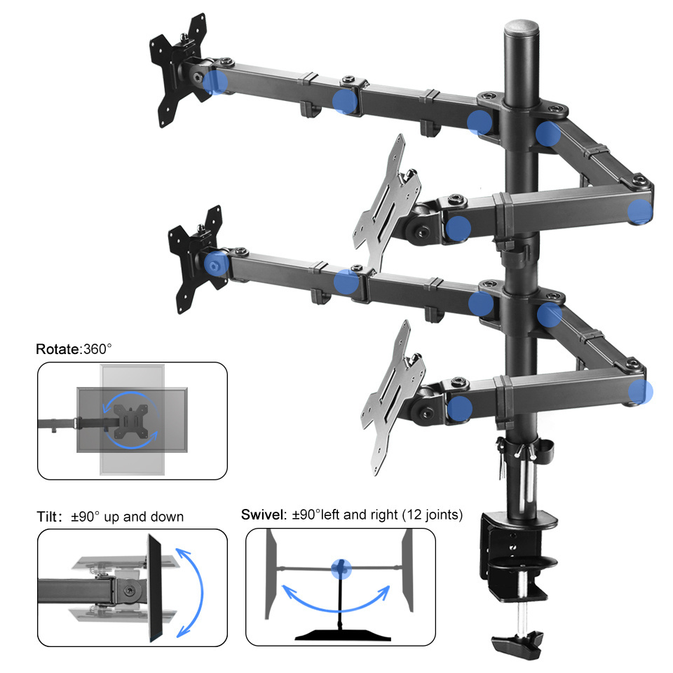 LED LCD Monitor arm Stand up Desk Mount Extra Tall 31.5 inch Pole Heavy Duty Fully Adjustable Stand for 4 / Four Screens