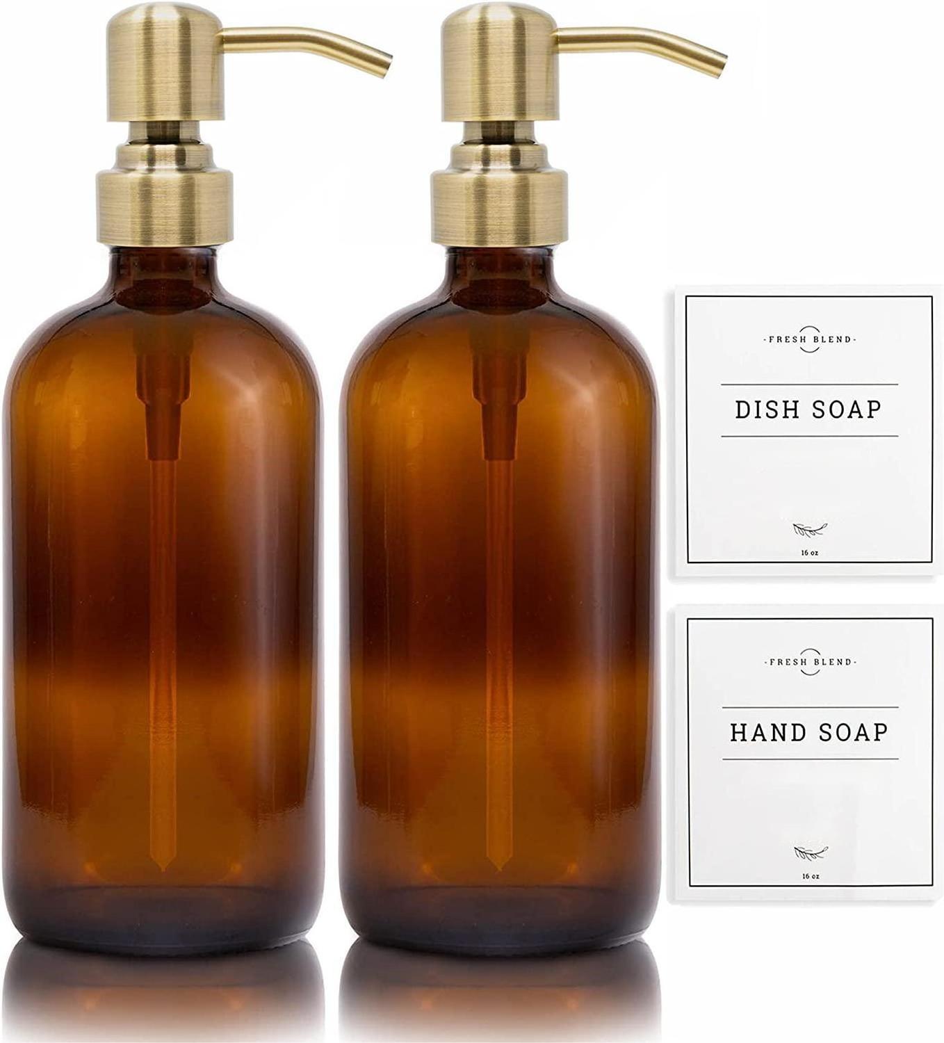 16oz Bottles Rustproof Stainless Steel Pump with Waterproof labels Amber Glass Soap Dispenser Set Bathroom Kitchen Accessories