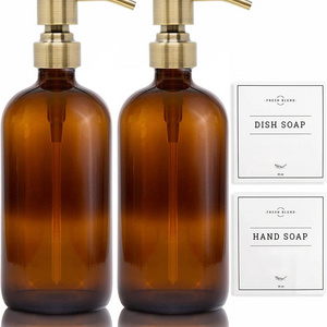 16oz Bottles Rustproof Stainless Steel Pump with Waterproof labels Amber Glass Soap Dispenser Set Bathroom Kitchen Accessories