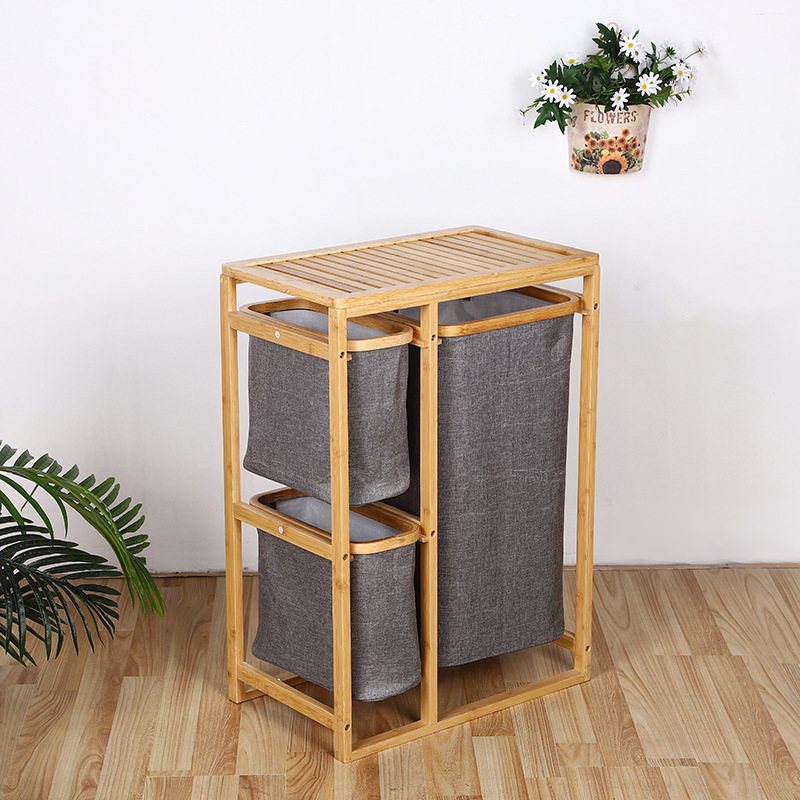 Large 3 Compartment Household Laundry Basket Storage Shelf Natural Bamboo Laundry Hamper Kids Toy Organizer and Storage Sheleves