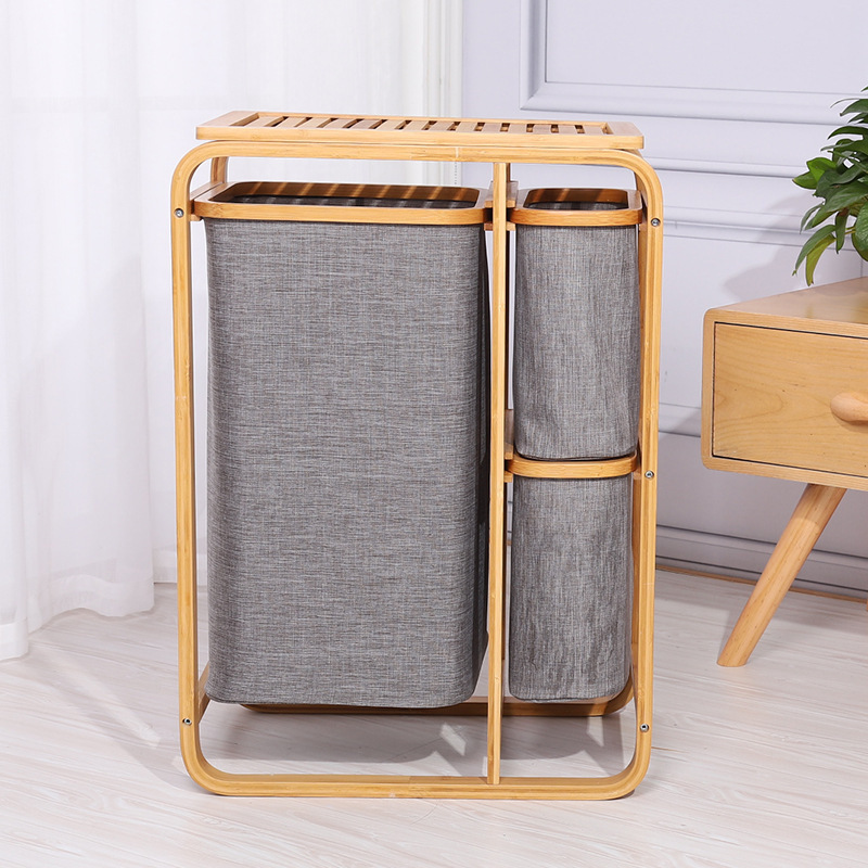 Large 3 Compartment Household Laundry Basket Storage Shelf Natural Bamboo Laundry Hamper Kids Toy Organizer and Storage Sheleves