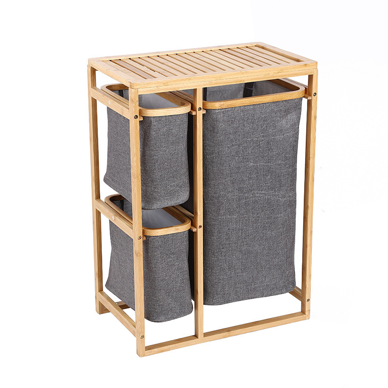 Large 3 Compartment Household Laundry Basket Storage Shelf Natural Bamboo Laundry Hamper Kids Toy Organizer and Storage Sheleves