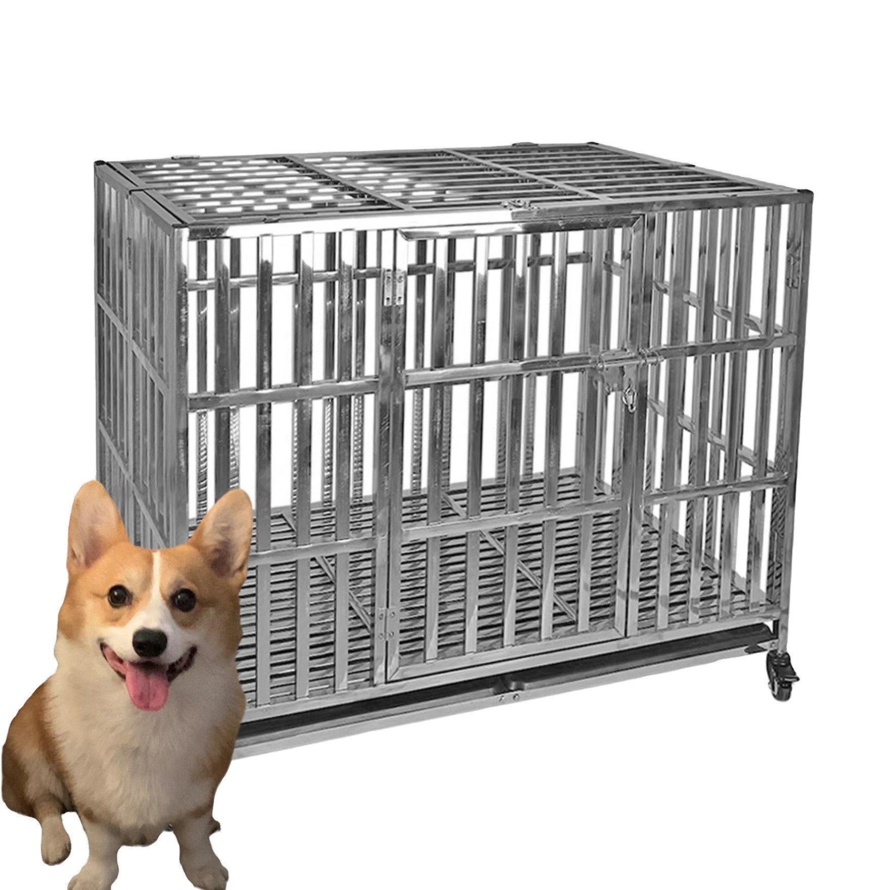 47 Inch Indoor Dog Crate with Push-Up Closure Durable Metal and Stainless Steel Breathable Design