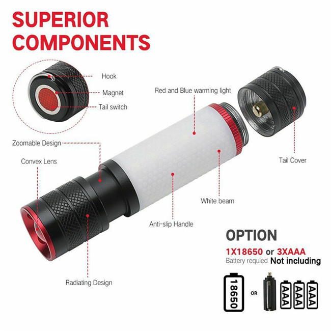 Pocket LED Camping light Portable T6 LED Torch flashlight Outdoor Magnetic Zoomable LED Flashlight with red blue warning light