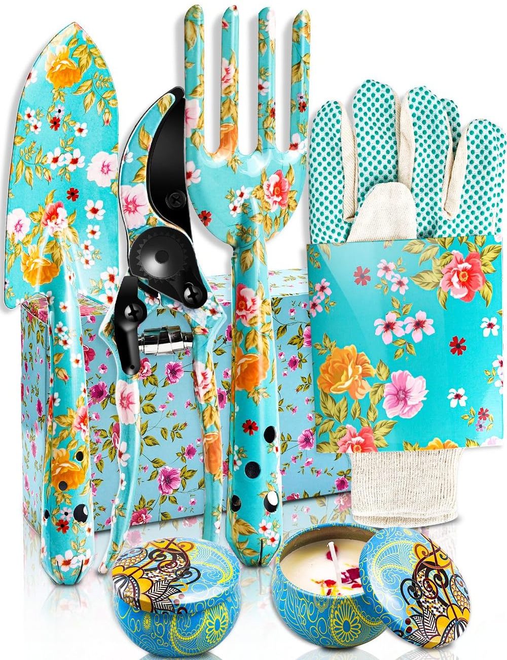 6-piece floral print gardening tool set includes trowel fork scissors 2 candles and gloves  gift for a lady gardener mom