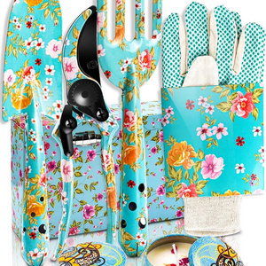 6-piece floral print gardening tool set includes trowel fork scissors 2 candles and gloves  gift for a lady gardener mom