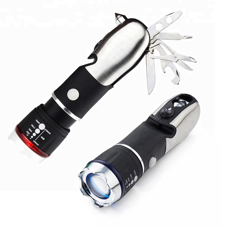 Outdoor Camping Survival Multi Functional Tools Flashlight with Hidden Stainless Steel Knife Safety Hammer