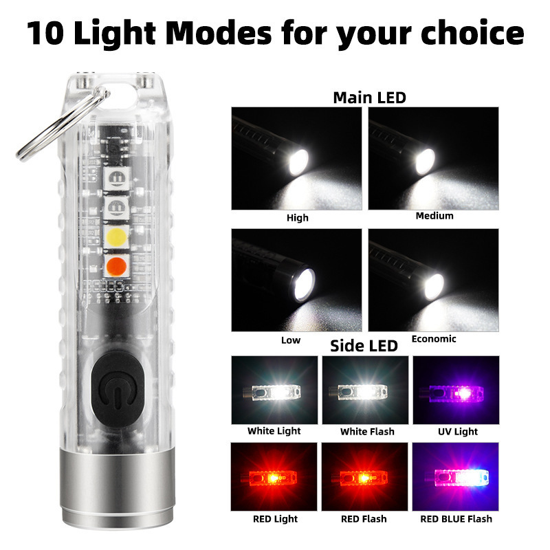 10 Light Mode Portable Mini Led Key Chain Light Small Pocket Flashlight Keychain Type-C USB Rechargeable Led Torch Light