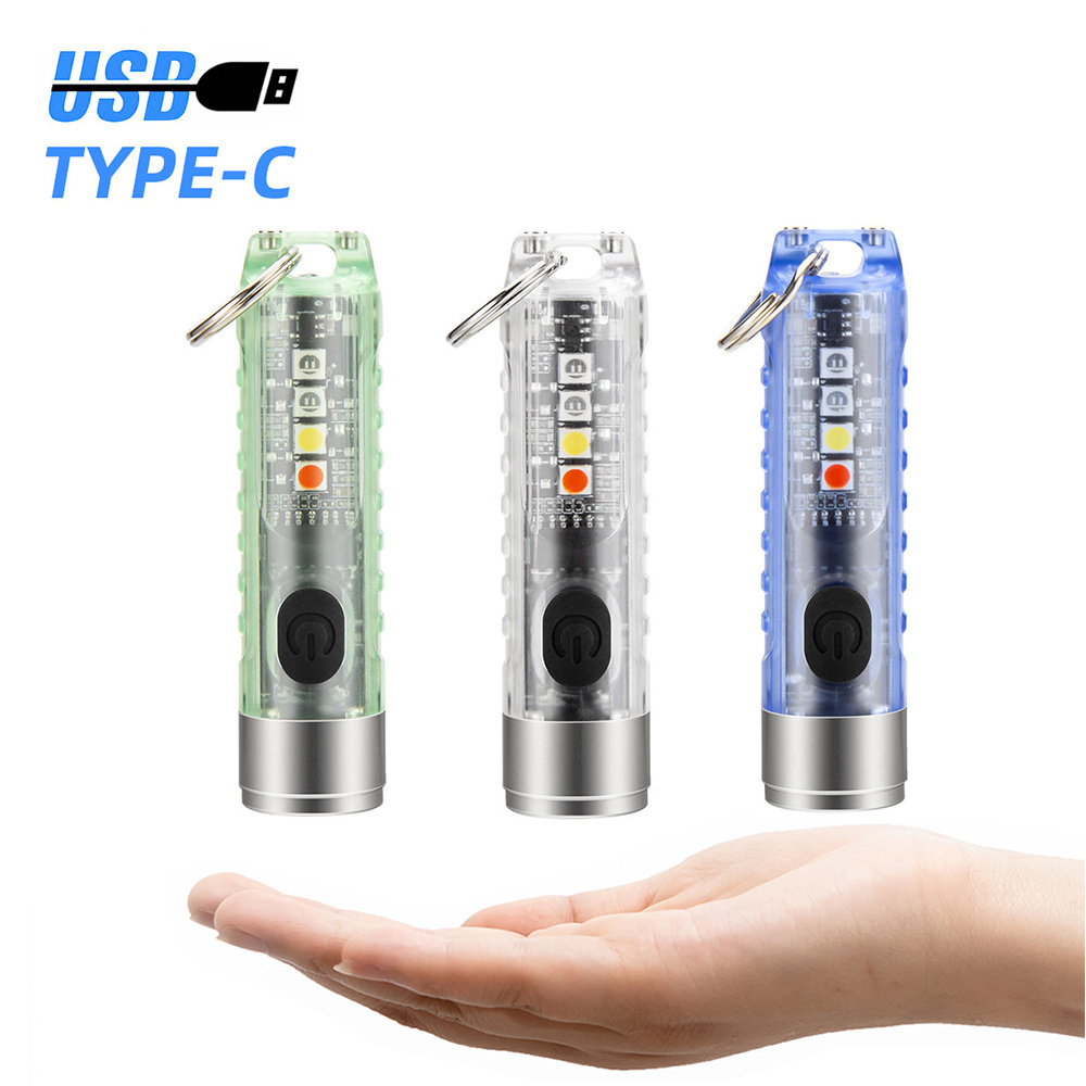 10 Light Mode Portable Mini Led Key Chain Light Small Pocket Flashlight Keychain Type-C USB Rechargeable Led Torch Light