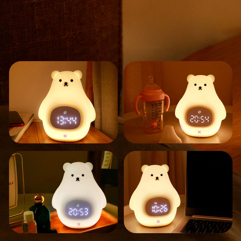 Kids Gift Soft Silicone Bear Led Night Lamp Touch Sensing Sleeping Lights with Timing & Alarm Clock Function