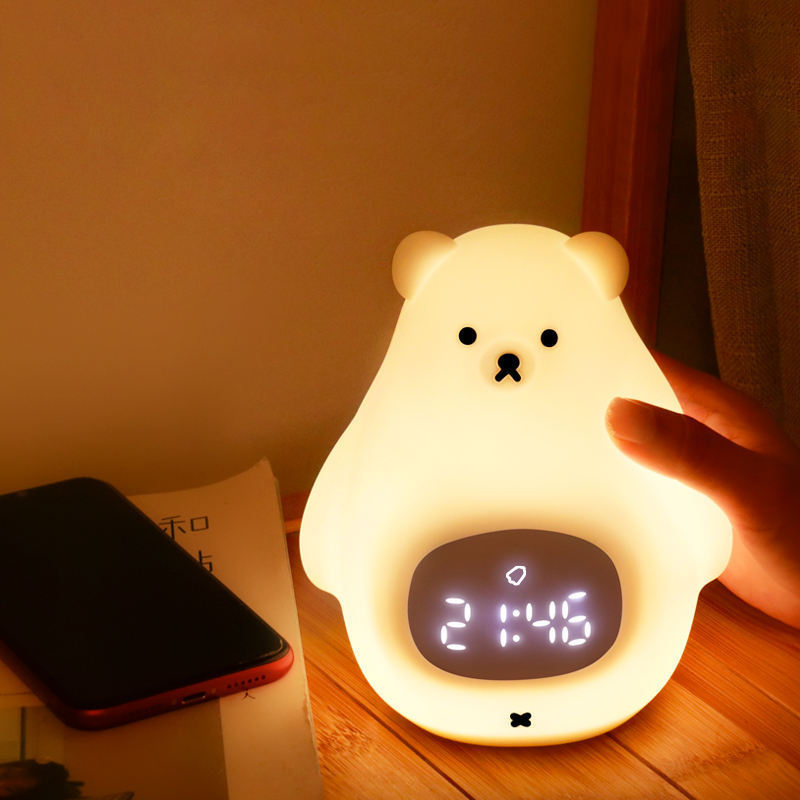 Kids Gift Soft Silicone Bear Led Night Lamp Touch Sensing Sleeping Lights with Timing & Alarm Clock Function