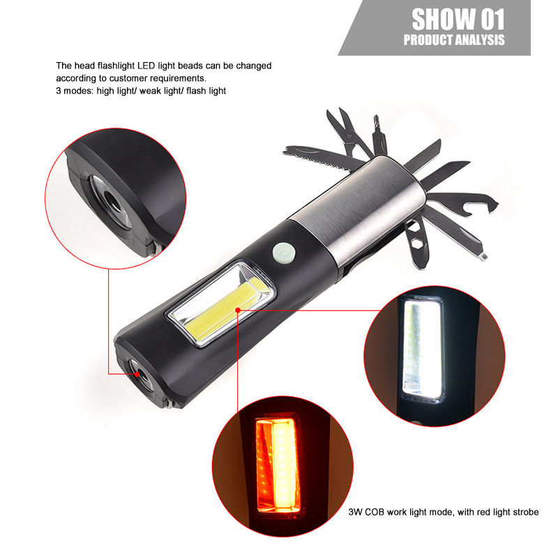 8 In 1 Multi-tools Led Work Torch Light Stainless Steel Pocket Knife Tool Outdoor Multifunction Emergency Flashlight