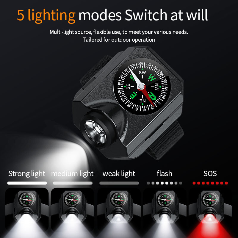 Portable LED wristwatch flashlight with compass led running gear rechargeable headlamp running lamp wrist light