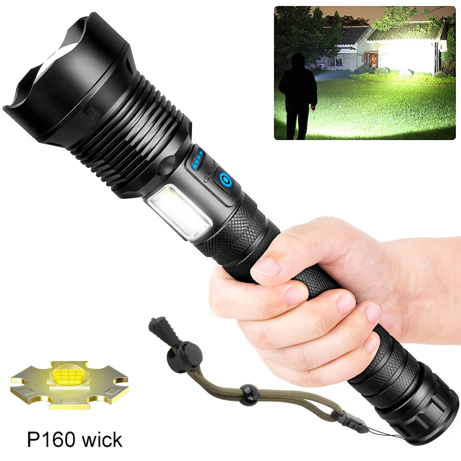 P160 LED Torch Light Zoomable Tactical Rechargeable 10000 Lumen Telescoping Big Flashlight