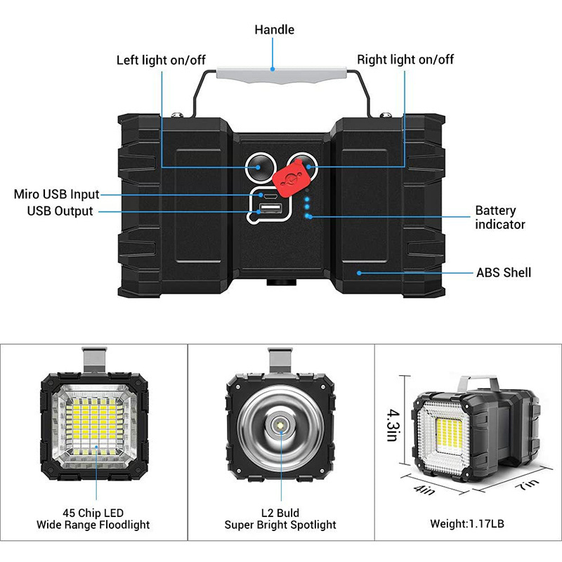 Handheld Rechargeable LED Spotlight Flashlight Outdoor Working Double Head Search Light 1200LM with Power Bank