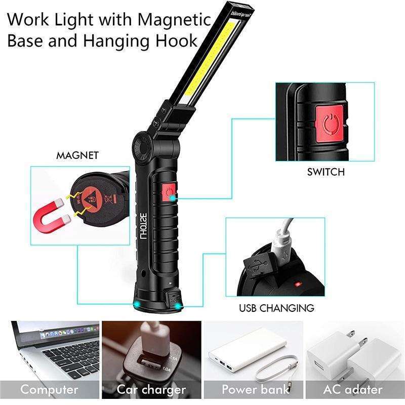 COB Work Flashlight Portable Rechargeable LED Work Lights with Magnetic Base 360 Rotation for Repairs Outdoors