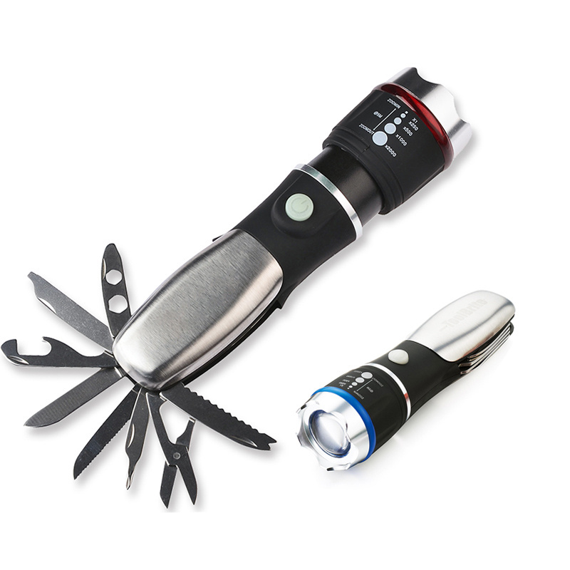 TV Promotional Gift Super Bright Zoom Flashlight Aluminum Tactical Led Torch with Small Knife Tool Set