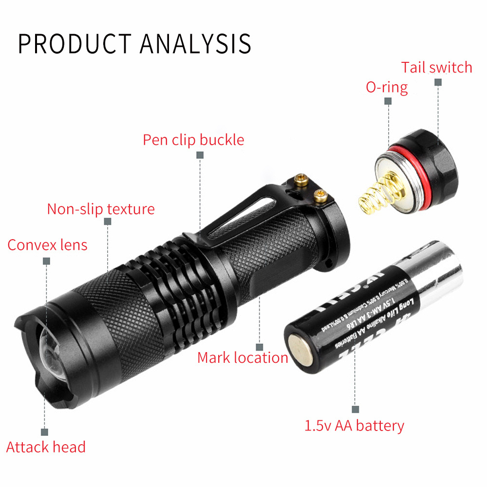 SK68 Zoomable Mini Torch Light Tiny Style AA Battery Powered Mini Led Tactical Flashlight With Clip