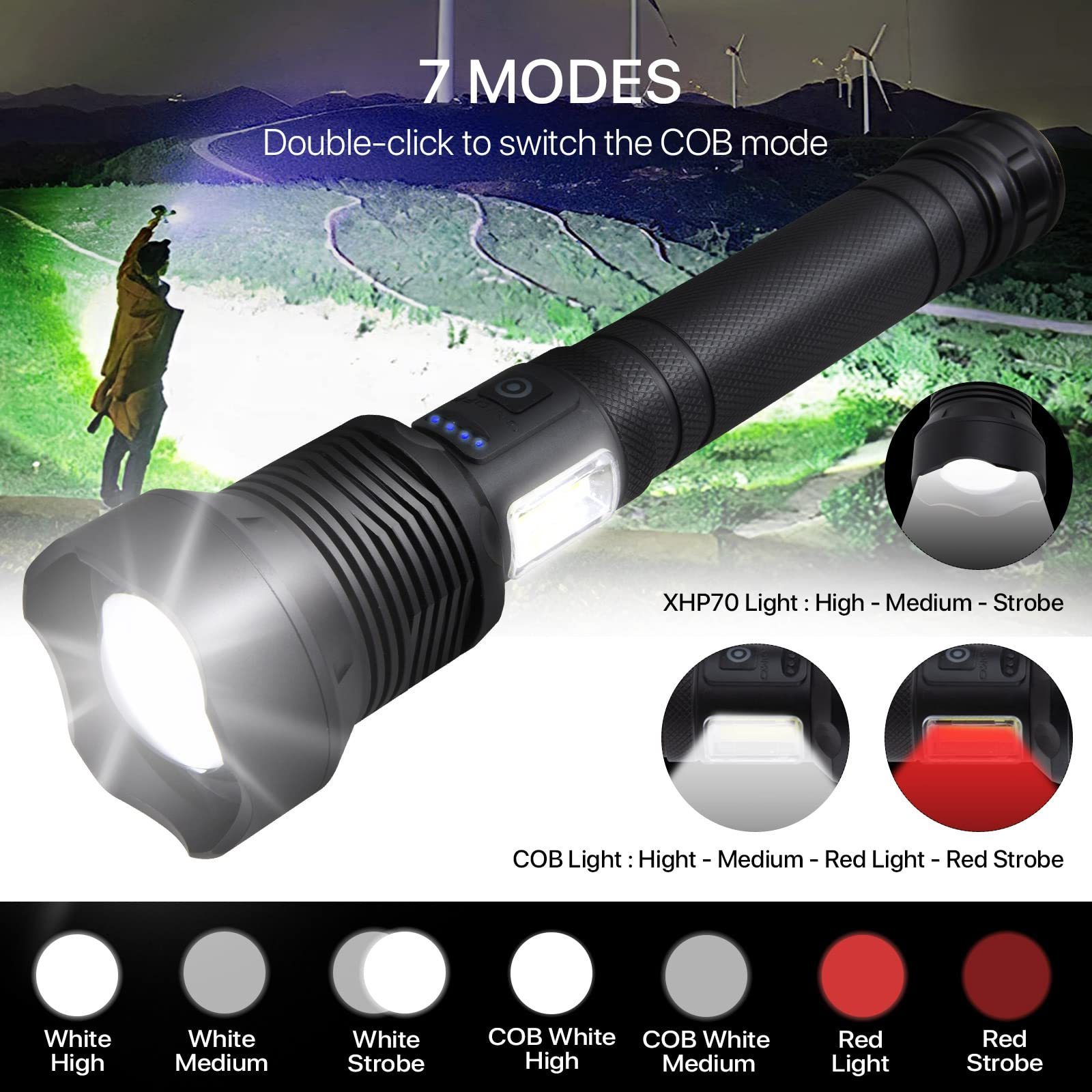 P160 LED Torch Light Zoomable Tactical Rechargeable 10000 Lumen Telescoping Big Flashlight