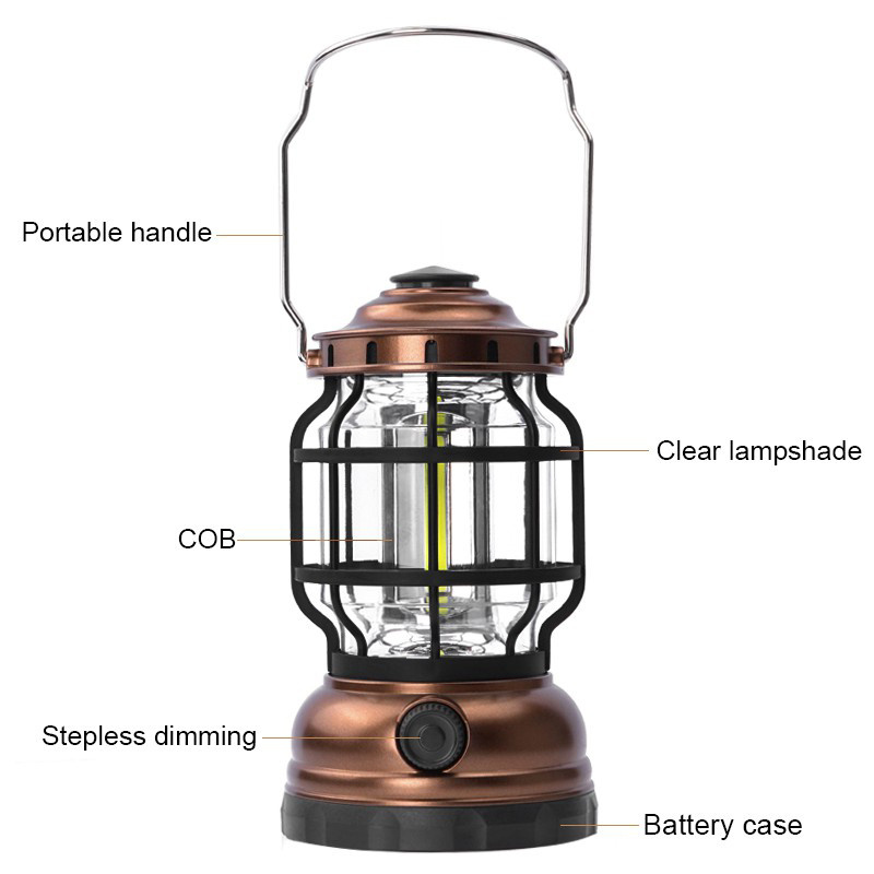 Hand-held Waterproof Vintage Metal Hurricane Lantern Outdoor Hanging Stepless Dimming Led Camping Lamp