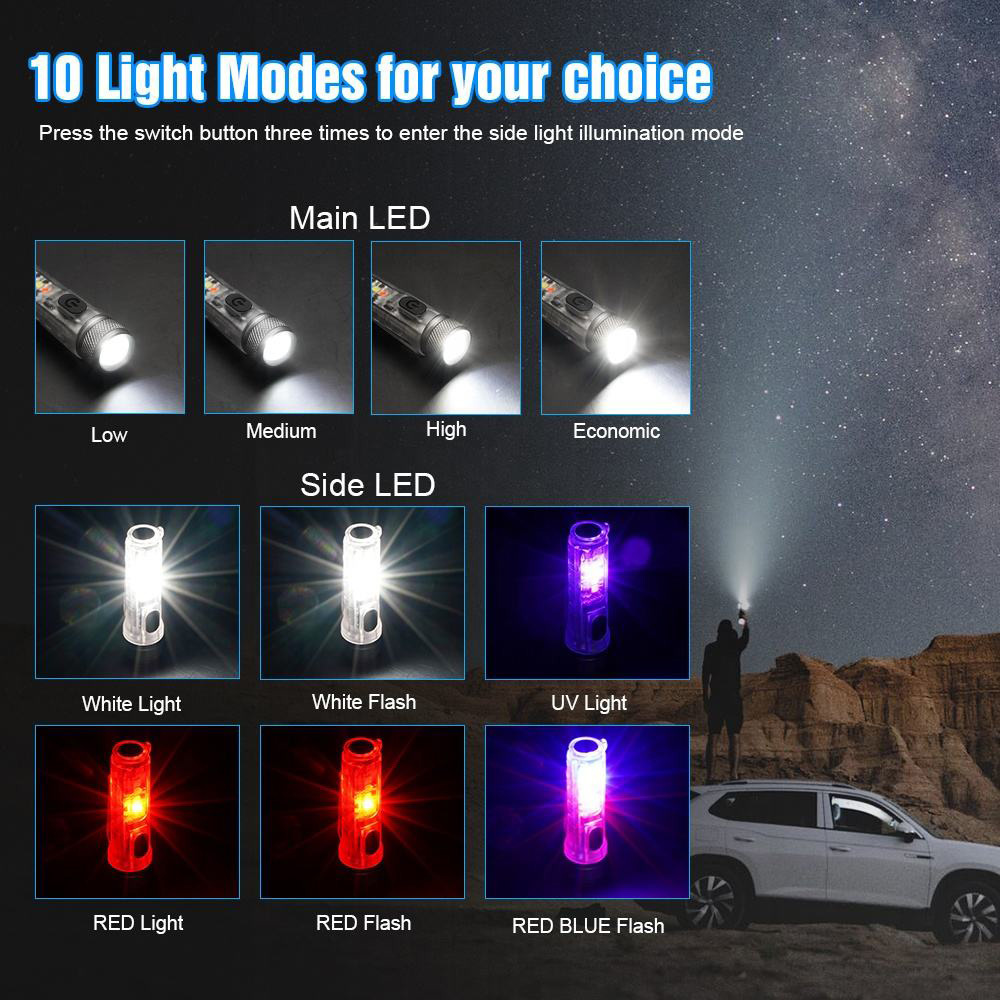 LED Keychain Flashlight Small Size Portable USB Rechargeable Magnetic Mini Flashlight with 10 light modes