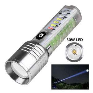 30W Led Long Range Tactical Flashlight White Light Zoom Transparent Fluorescent Torch Light With Clip, Magnet