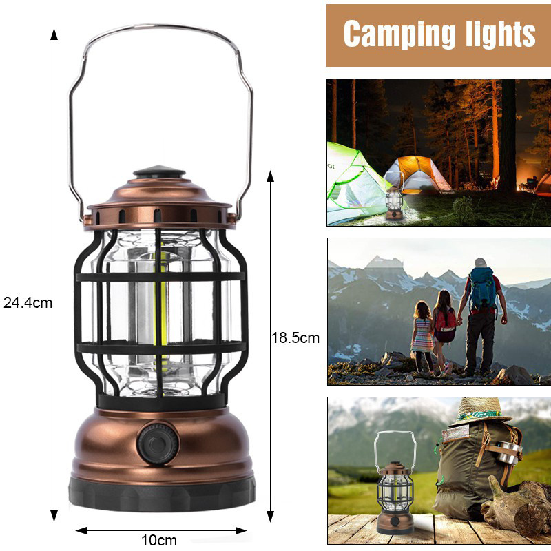 Hand-held Waterproof Vintage Metal Hurricane Lantern Outdoor Hanging Stepless Dimming Led Camping Lamp