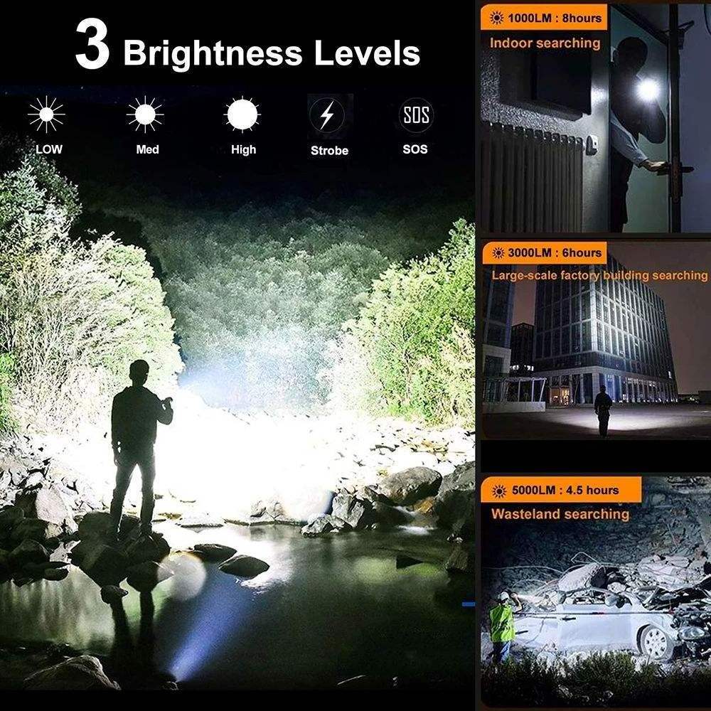 5000 Lumen Zoom Super Bright Led Flashlight Strong Torch Light Linterna Rechargeable Long Range Cob Led Flashlight