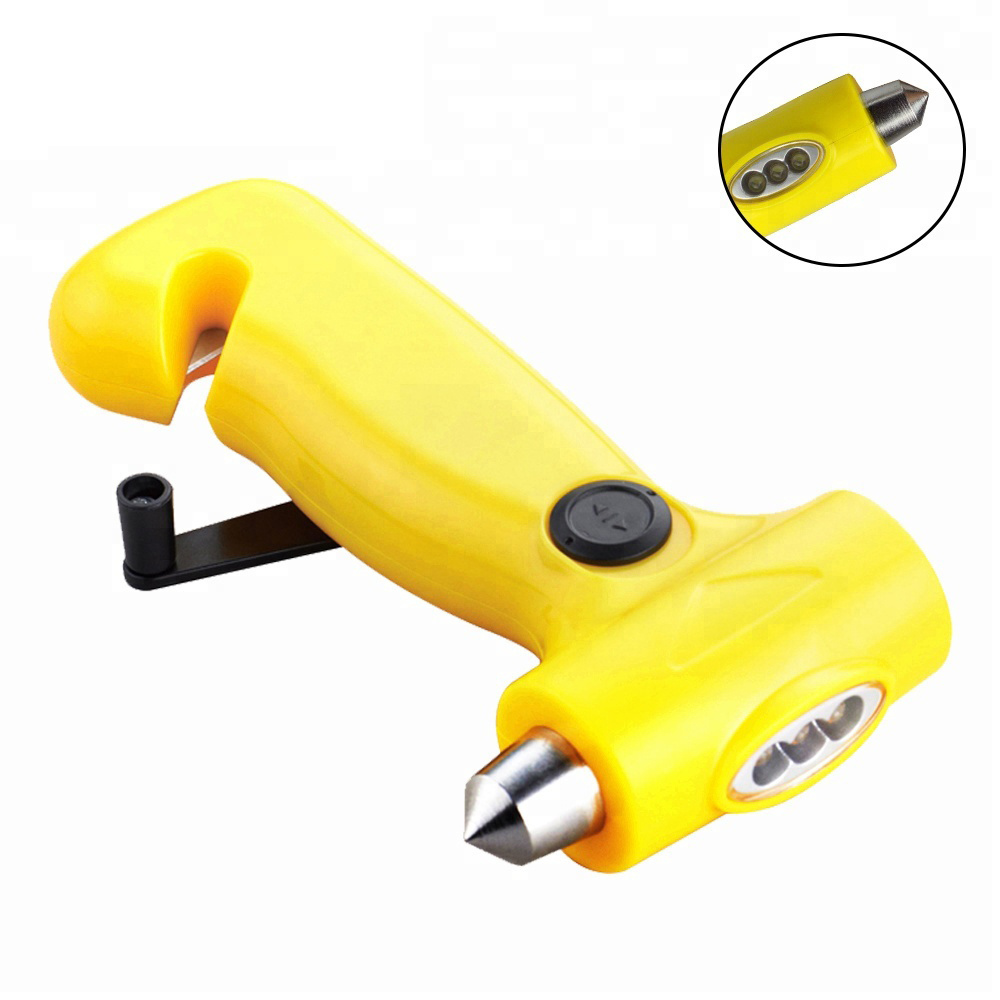 Multi-functional Rechargeable Led Torch Light Portable Hand Crank Flashlight with Survival Safety Hammer