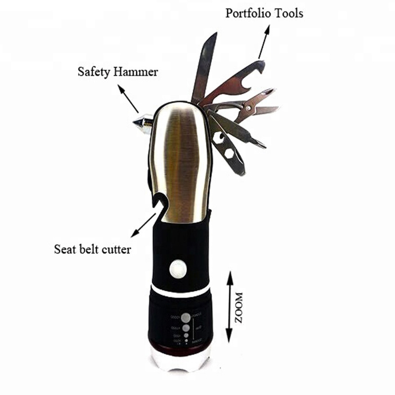 Outdoor Camping Survival Multi Functional Tools Flashlight with Hidden Stainless Steel Knife Safety Hammer