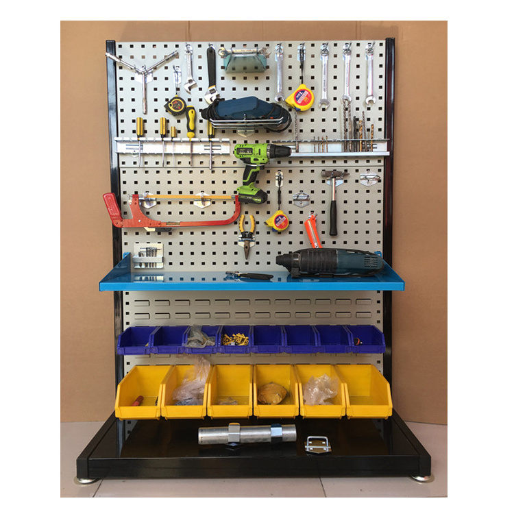 Larage double sides mobile wall power tool display stand with pegboard bins