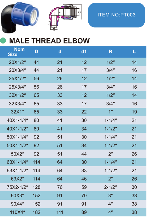 Factory offer PP compression fittings 90 degree male thread elbow fast replacement fittings