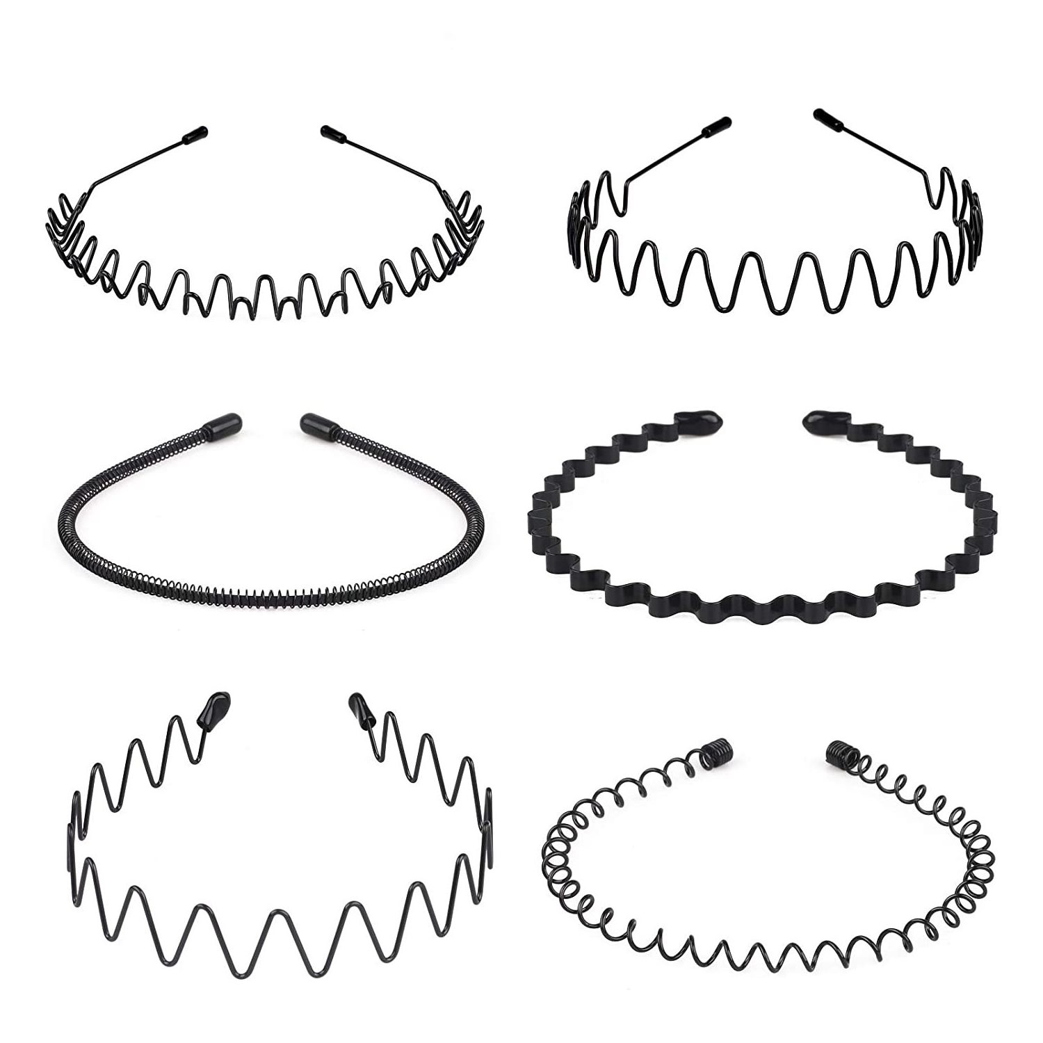 6PCS Metal Hairband Fashion Accessories for Men Women Black Non Slip Wavy Hair Hoop Headband